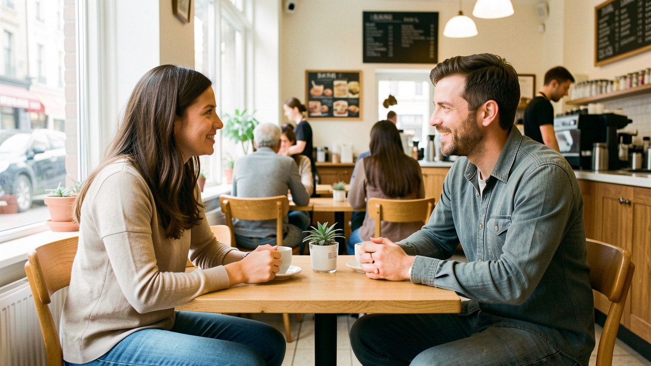 Une femme et un homme adultes se rencontrent dans un café public lumineux pour un premier rendez-vous, dans une atmosphère calme et sécurisante.