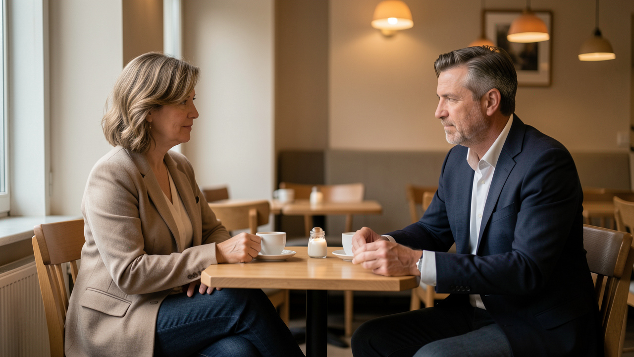 Une femme et un homme d’une quarantaine d’années partagent un moment calme et discret dans un café chaleureux, symbolisant un nouveau départ après un divorce.