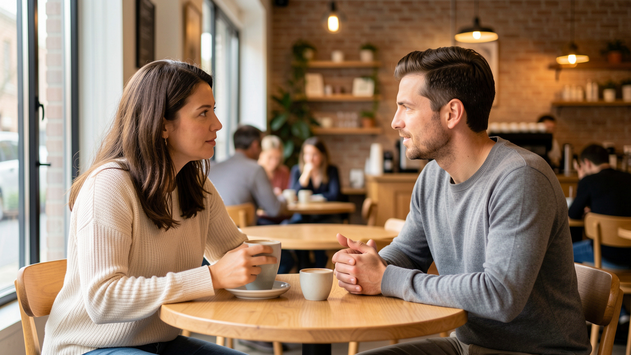 Une femme et un homme discutent calmement des limites d’une relation autour d’un café, dans une atmosphère chaleureuse et respectueuse.