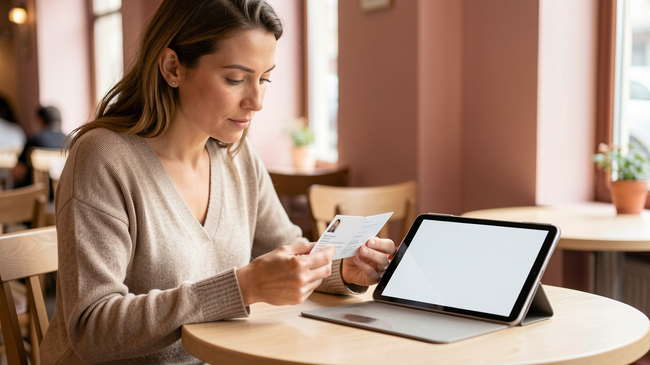 Une femme réfléchie examine calmement plusieurs profils de rencontre sur une tablette, dans une ambiance chaleureuse et organisée.