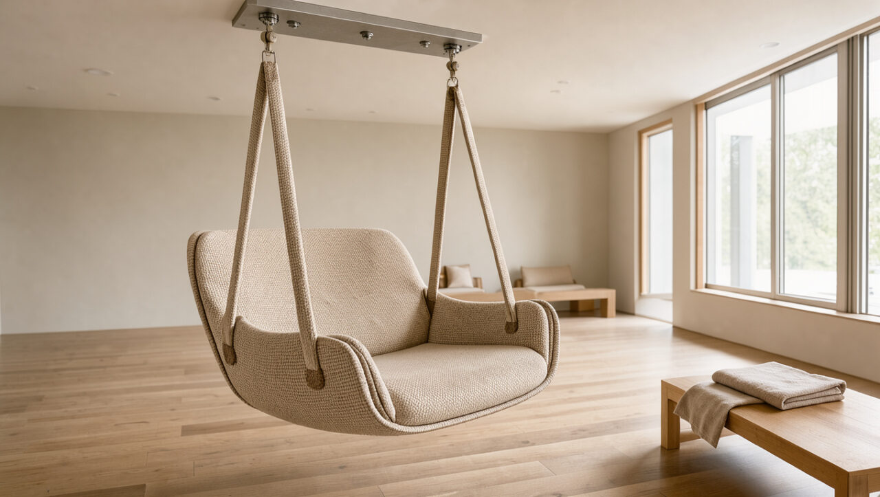 Fauteuil balançoire suspendu avec coussins, sangles renforcées et fixation solide au plafond dans une pièce lumineuse et minimaliste.