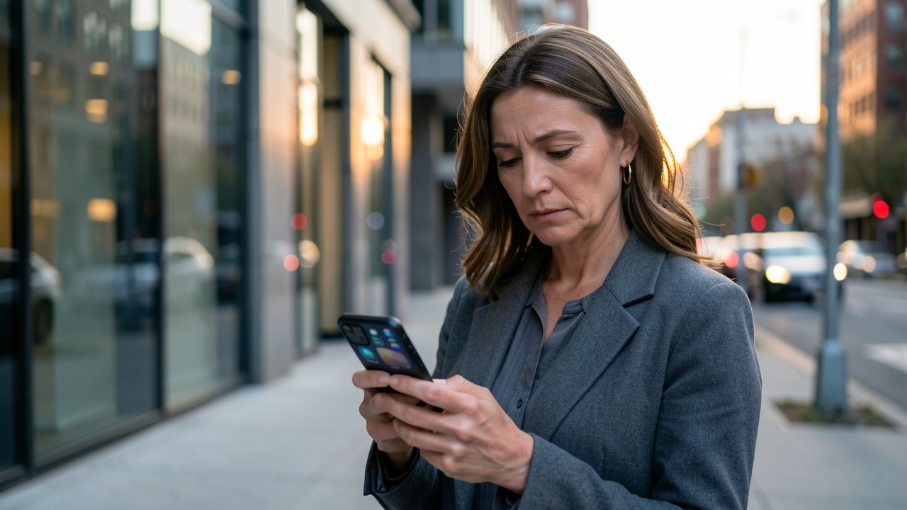 Femme adulte à l’expression lassée mais réfléchie regardant son téléphone dans une rue urbaine calme, sous une lumière douce du soir.